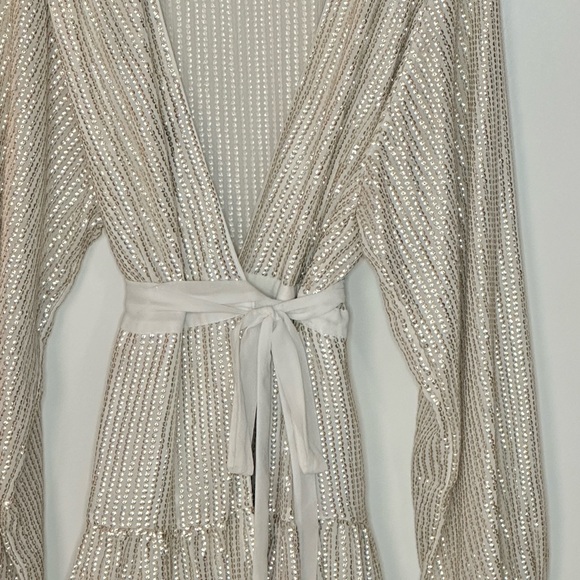 ASOS Champagne Gold/Platinum Metallic Sequins Belted Long Sleeve Wrap Dress - Picture 7 of 15